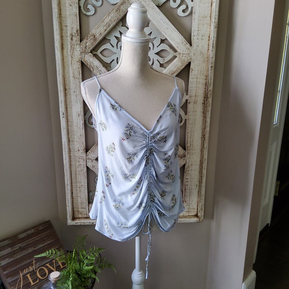 En Creme Women's Scoop Back Ruched Tie Front Tank Top in Blue Floral